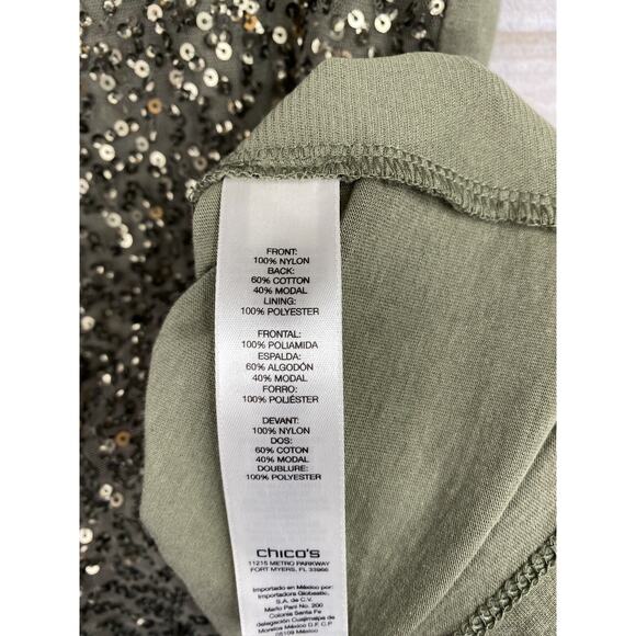 Chico's Tank Top Sz 2 Women L Green Sequins Front Sleeveless Party Lined Stretch - Picture 9 of 11